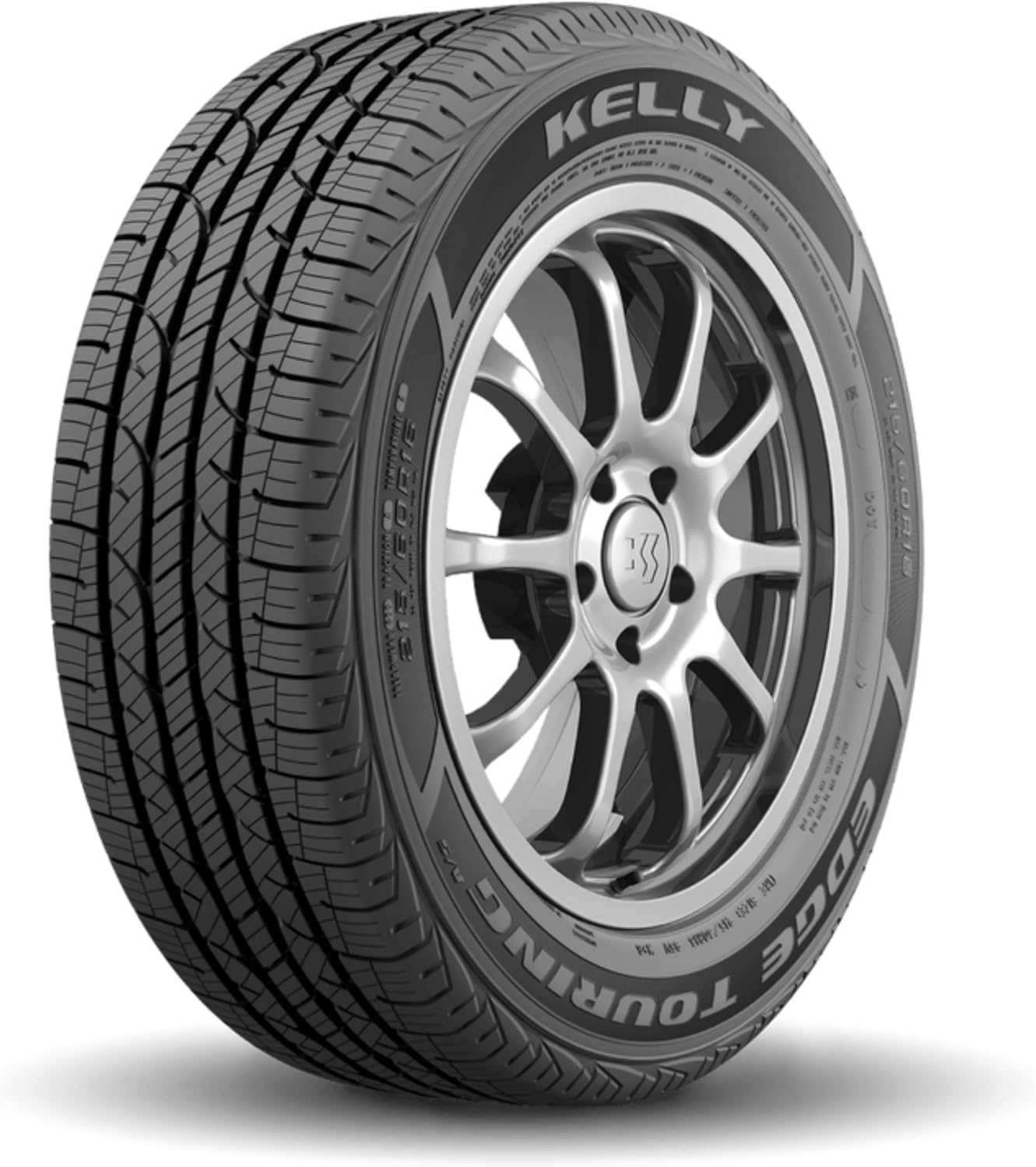 Kelly Edge all-season tire on a polished alloy wheel, five circumferential ribs and 215/60R16 molded into the sidewall